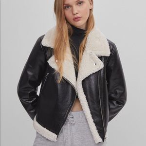 Bershka aviator black leather jacket